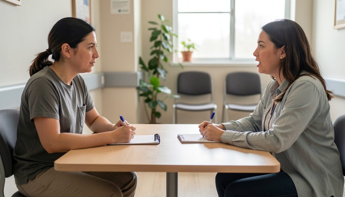 Two people sit across a small table in a clinic break room, one taking notes on a pad while the other speaks, papers between them under ceiling light.