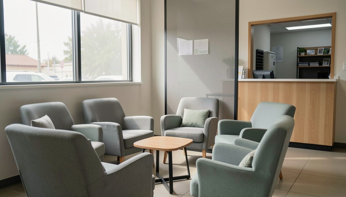 A waiting area with upholstered chairs, a low table and a reception window partly screened from the seating, photographed from the corridor in daylight.