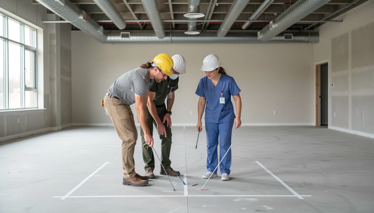 Documentary photograph of two people in hard hats and one in clinical scrubs standing in an unfinished room with exposed ceiling ducts, pointing at a marked floor area in cold daylight.