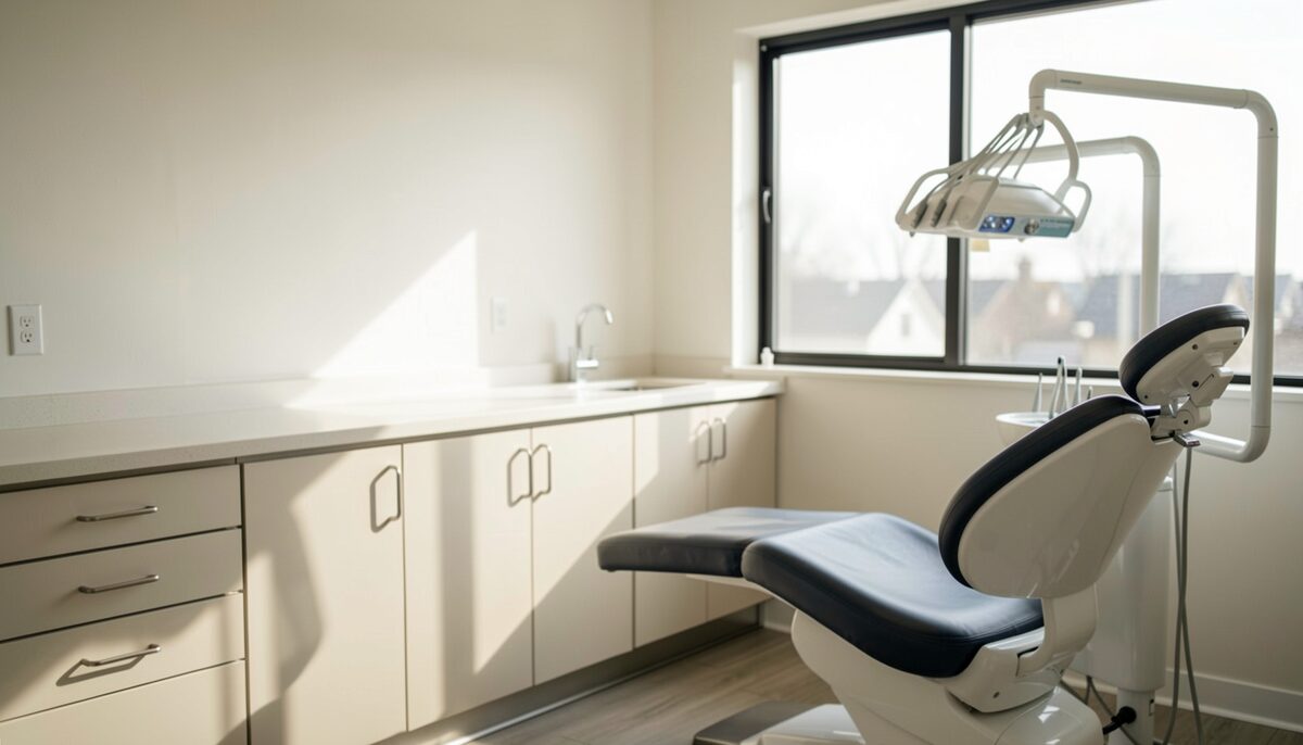 An empty treatment room with a dental chair beside a large window, soft daylight falling across the cabinet fronts and the grey floor.